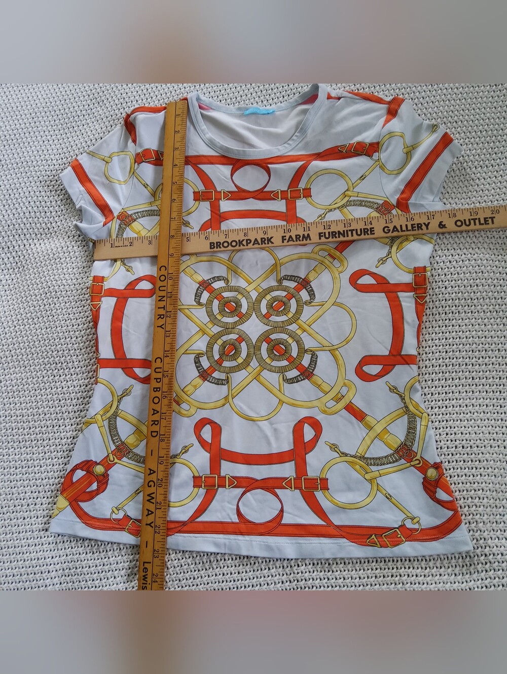 J. McLaughlin White Tee with Orange & Gold Equestrian Motif